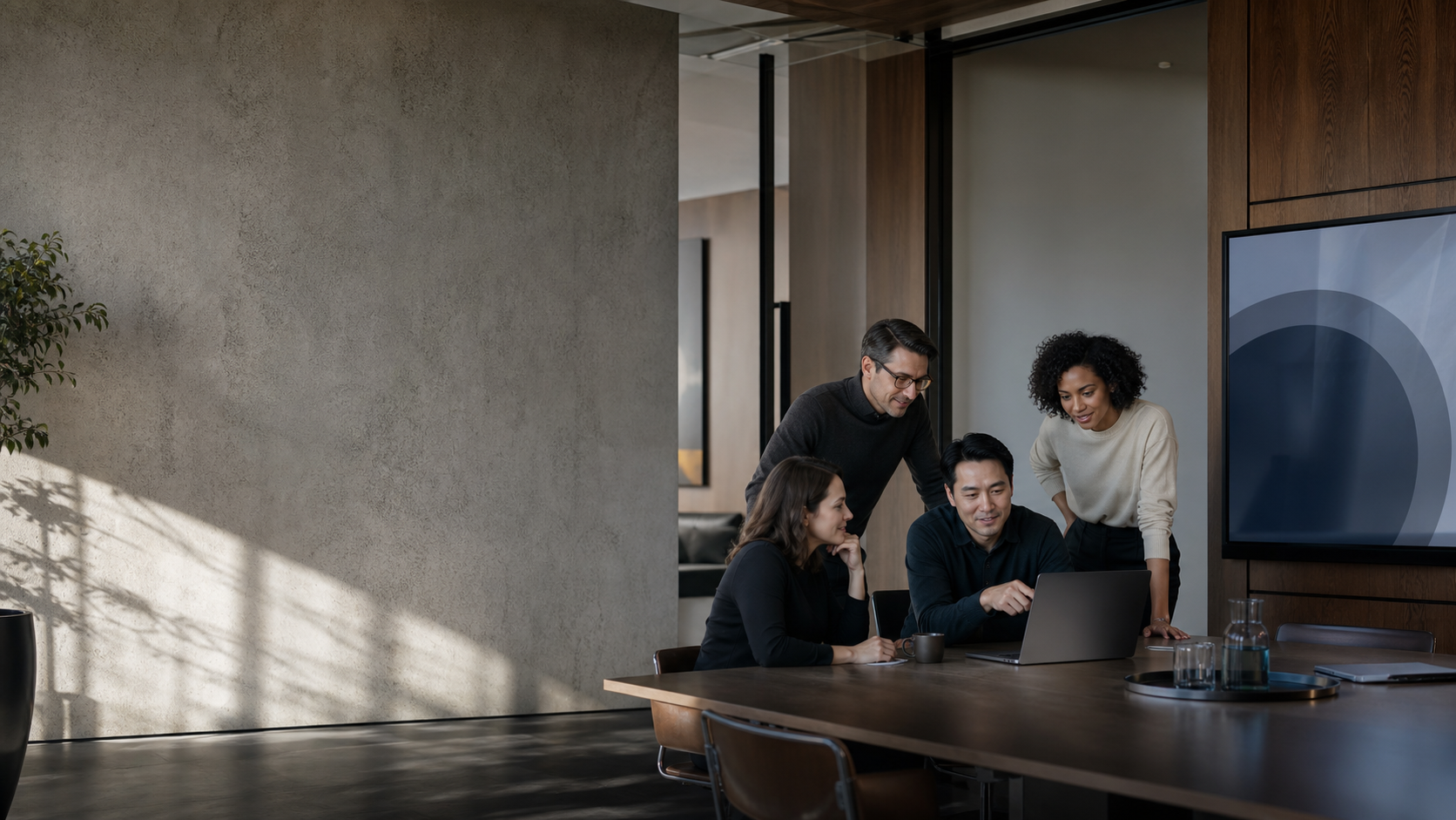 Enterprise team working confidently with AI in a calm, collaborative workplace